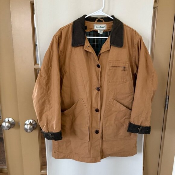 L.L. Bean Womens Medium Tan Button Up Field Barn Jacket Coat Corduroy Trim - Picture 1 of 11